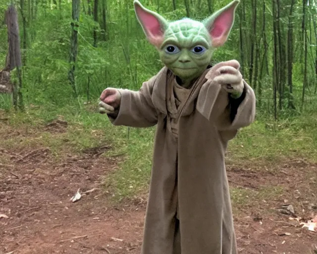 Image similar to trailcam image of yoda, pointing his cane at the camera, cdx