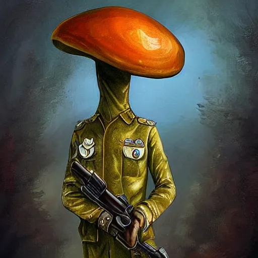 Prompt: mushroom alien wearing a formal military outfit science fantasy, painting, elegant, intricate, digital painting