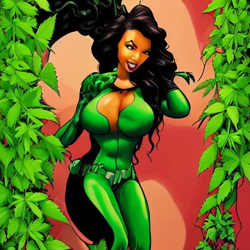 Prompt: Digital Painting of curvy Brittany Renner as Poison Ivy binding Michael B. Jordan as Batman with vines :9, Marijuana, Smoke, Hot, accentuated hips, Smoking weed, Matte Painting, Rude, lewd, riske, Vibrant, Epic Level of Detail, Arte Lowbrow style, The Birth of Rockin jelly Bean book, :3, by Rockin Jelly Bean + Warner brothers :5 detailed face: 8