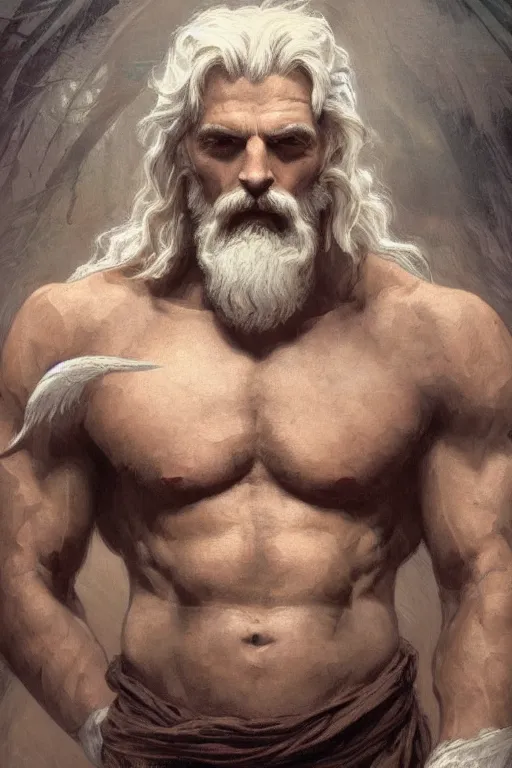 Prompt: painted portrait of rugged zeus, symmetrical, god of thunder, greek god, white hair, masculine, mature, handsome, upper body, muscular, hairy torso, fantasy, intricate, elegant, highly detailed, digital painting, artstation, concept art, smooth, sharp focus, illustration, art by gaston bussiere and alphonse mucha