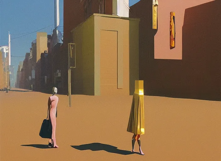 Image similar to futuristic woman with very wide head dressed in transparent gold foil plastic bags with cutouts, on flooded street Edward Hopper and James Gilleard, Zdzislaw Beksinski, highly detailed