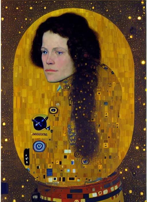 Prompt: woman astronaut in profile, symmetrical, painting by gustav klimt, detailed, ambient lighting, photo realistic, 8 k