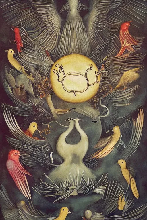 Prompt: depiction of the summoning rituals of glorious birds by leonora carrington and james jean, digital art