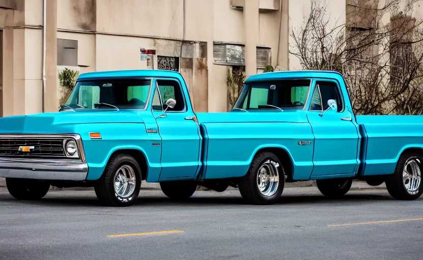 Prompt: Chevy 1974 c20 pickup truck parked on the street, Car shot, dslr photo