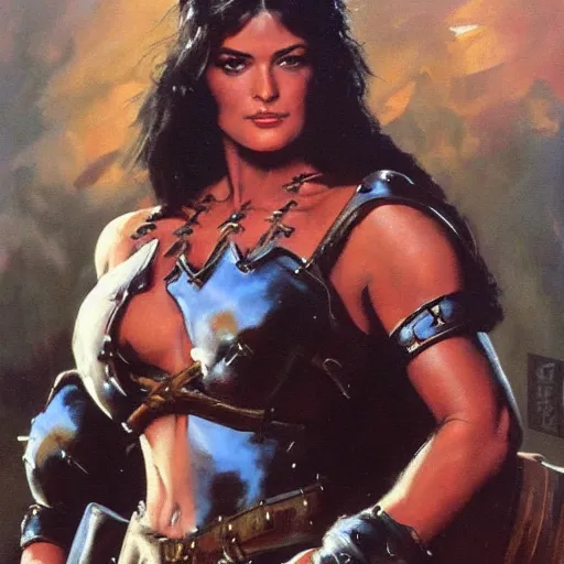 Image similar to a frank frazetta oil painting of selina gomez as a beautiful muscular salma hayek wearing black armor holding a large battle axe, dynamic shot, hd 4 k, intricate, highly detailed, atmospheric, sharp