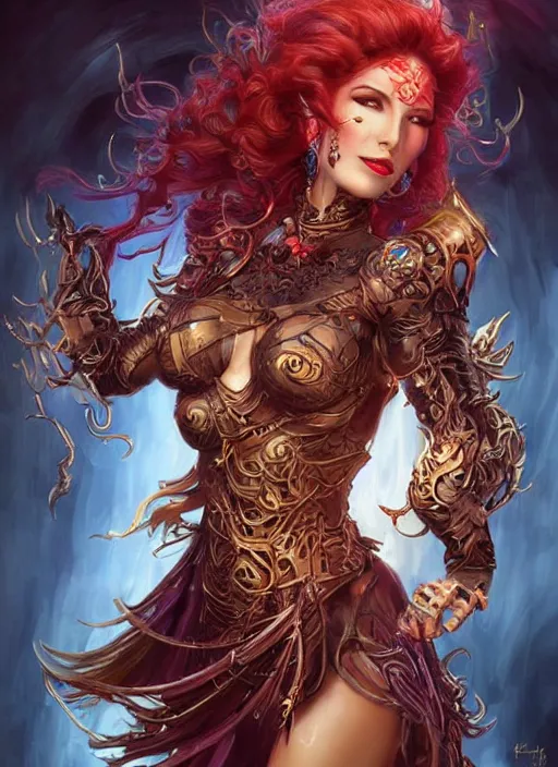 Image similar to front portrait hands behind body pose of sensual Lady Mechanik with ginger wavy hair, hands behind her body pose!, Intricate overlay magic lightings imagery , D&D!, fantasy style, sharp focus!, ultra detailed, art by Artgerm and Peter Andrew Jones, WLUP