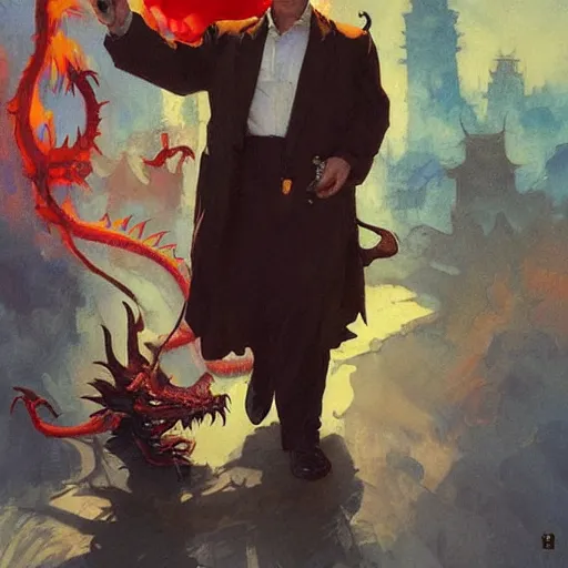 Image similar to A mafia man with a tobacco in his left hand, behind him is a Chinese dragon emanating a red aura of danger art by Craig Mullins, Simon Bisley, Gregory Manchess, Fernanda Suarez, Artem Demura, Alphonse Mucha, Donato Giancola, Jason Felix, Steve Argyle, Tyler Jacobson, Peter Mohrbacher, trending on artstation, digital art