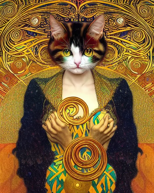 Image similar to magician cat portrait an oil painting splashes with many colors and shapes by gustav klimt greg rutkowski and alphonse mucha, polycount, generative art, psychedelic, fractalism, glitch art