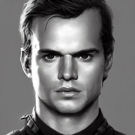 Image similar to “Portrait of Henry William Dalgliesh Cavill by Greg Rutkowski, he is about 20 years old, norwegian, short blond hair, young, manly, attractive, strong, older brother vibes, he is wearing futuristic military fatigues, highly detailed portrait, scifi, digital painting, artstation, concept art, smooth, sharp foccus ilustration, Artstation HQ”