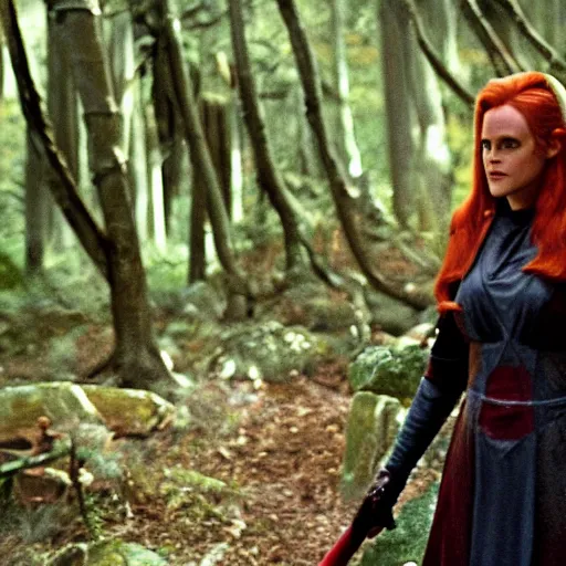 Image similar to movie still of alicia silverstone as frustrated sith mara jade on the forested mountain planet wayland in star wars episode vii : heir to the empire