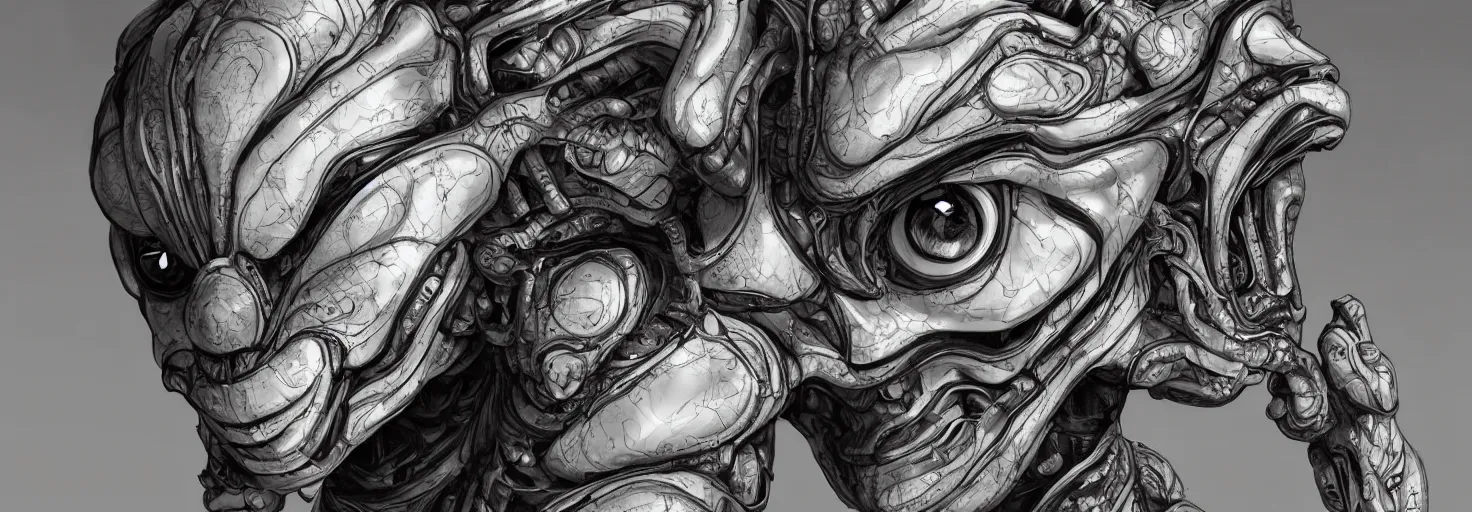 Image similar to engineer alien face by Artgerm, alien, highly detailed, symmetrical long head, smooth marble surfaces, detailed ink illustration, raiden metal gear, cinematic smooth stone, deep aesthetic, concept art, post process, 4k, carved marble texture and silk cloth, latex skin, highly ornate intricate details, moody lighting, hr geiger, hayao miyazaki, by Artgerm