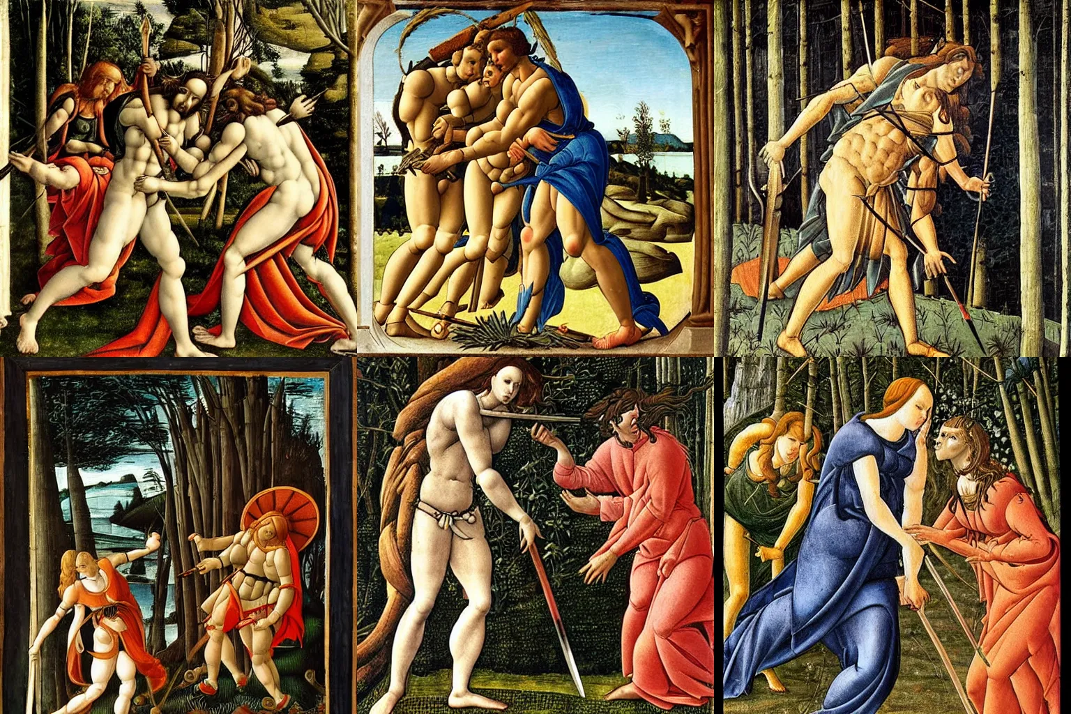 Prompt: Cain stabbing Abel with a spear in the style of Botticelli