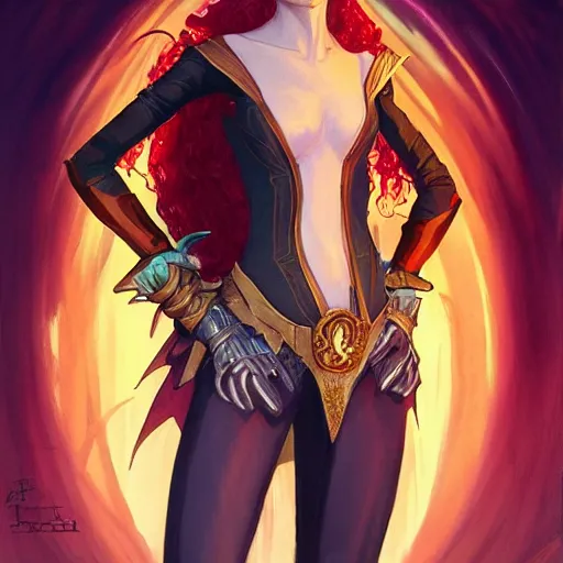 Image similar to dnd character portrait of a beautiful and androgynous half - elf with messy short red hair and catlike features and dark skin tone and yellow eyes with slit pupils, golden hour, wearing a colorful men's suit, realistic painting by tasha beckwith and ross tran and gerald brom and alphonse mucha, trending on artstation