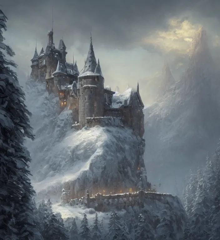 Image similar to a painting of a castle in the middle of a snowy mountain, a detailed matte painting by andreas rocha and greg rutkowski, featured on artstation, fantasy art, matte drawing, matte painting, artstation hq