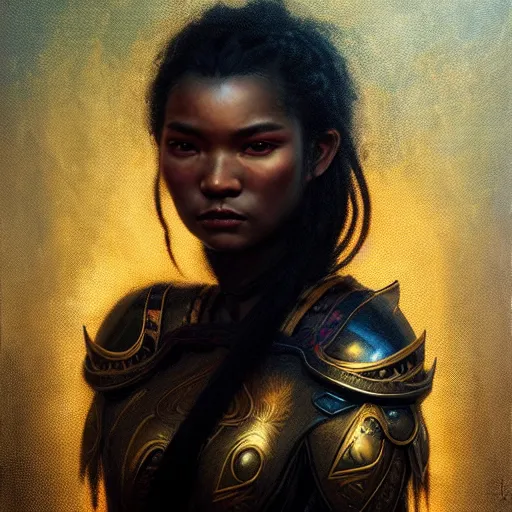 Prompt: realistic portrait of asian black goddess in armor, atmospheric lighting, painted, intricate, volumetric lighting, beautiful, rich deep colors masterpiece, golden hour, sharp focus, ultra detailed, by Leesha Hannigan, Ross Tran, Thierry Doizon, Kai Carpenter, Ignacio Fernández Ríos