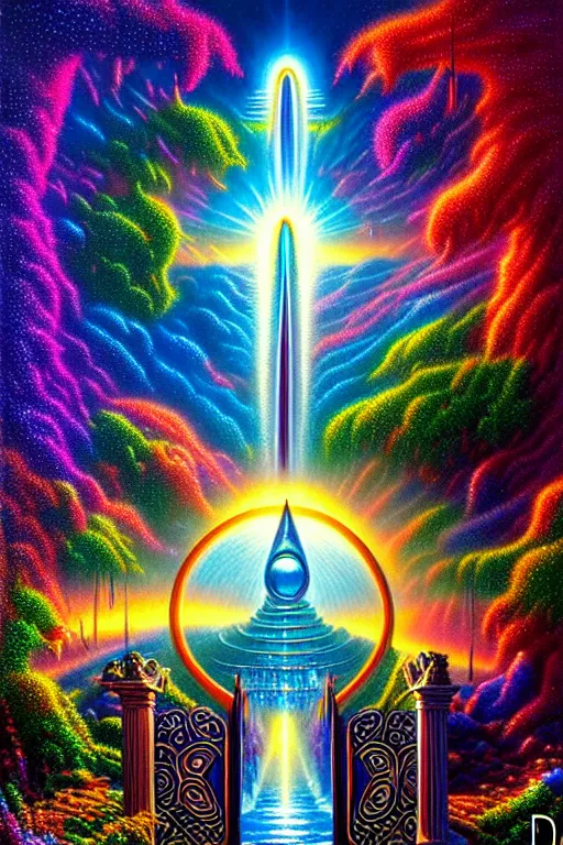 Prompt: a photorealistic detailed image of a beautiful vibrant iridescent future for human evolution, spiritual science, divinity, utopian, garden gates to the afterlife by david a. hardy, kinkade, lisa frank, wpa, public works mural, socialist