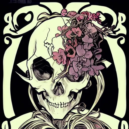 Image similar to anime manga skull portrait face skeleton illustration style by Alphonse Mucha and Jim Lee comic pop art nouveau