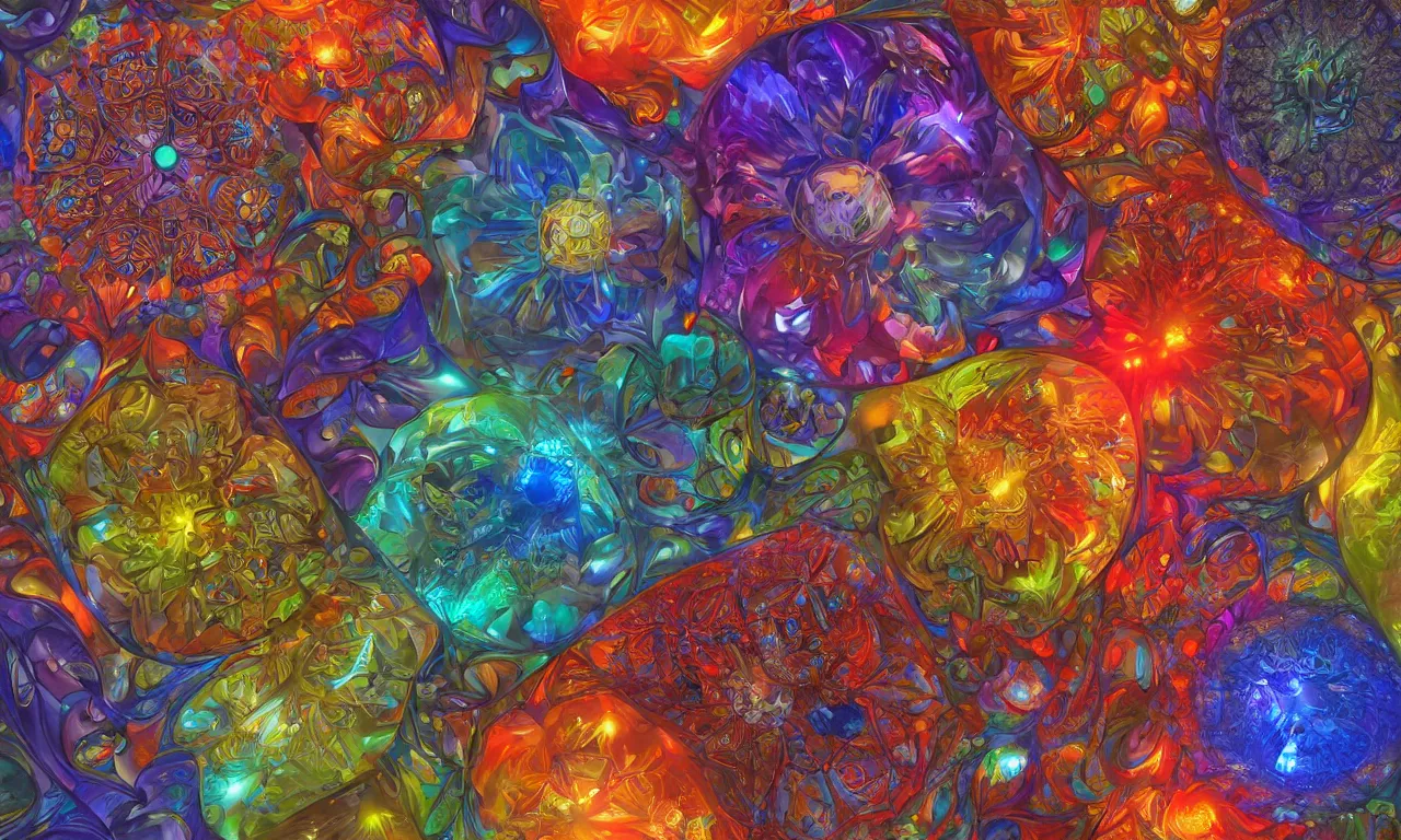 Image similar to voronoi engine laboratory 3 d volume kaleidoscope mandala fractal chakra digital multicolor stylized concept substance by artgerm, rossdraws, norman rockwell, magali villeneuve, gil elvgren, alberto vargas, earl moran, enoch bolles radiating a glowing aura global illumination ray tracing hdr