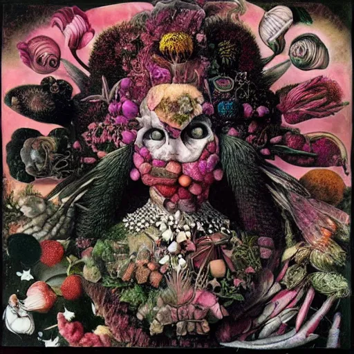 Prompt: album cover, new age, black, white, pink, psychedelic, space, giuseppe arcimboldo