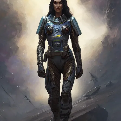 Prompt: Megan Fox as a space soldier, closeup character art by Donato Giancola, Craig Mullins, digital art, trending on artstation