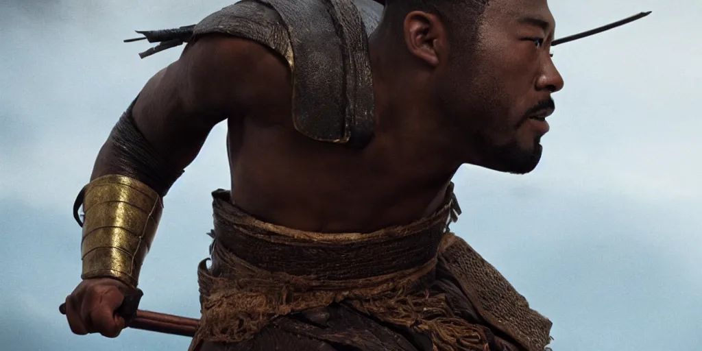Image similar to a film still of a black man starring in a japanese blockbuster film as san ancient samurai, shallow depth of field, cinematic, award winning cgi, vfx, film still