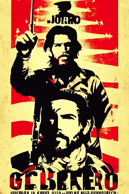 Prompt: guerrillero heroico, us president joe biden portrays che guevara as a revolutionary, joe biden, 8 0's movie poster, theatrical poster, vibrant fan art, digital art, trending on artstation, minimalist