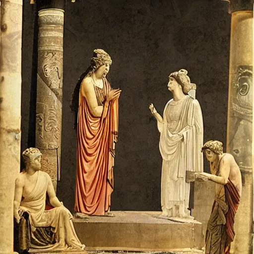 Image similar to the female oracle in delphi giving a prophecy to the king of thera, 6 3 0 bc