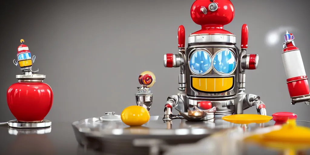 Image similar to closeup portrait of tin toy retro robot chef mixing colourful lab vials cooking pastry in a kitchen, depth of field, zeiss lens, detailed, centered, fashion photoshoot, by nicoletta ceccoli, mark ryden, lostfish, breathtaking, 8 k resolution, extremely detailed, beautiful, establishing shot, artistic, hyperrealistic, octane render