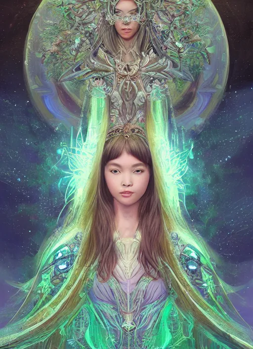 Image similar to portrait of Lalisa Manobal as a Celestial Goddess of a futuristic princess, inside future fighter, sci-fi, fantasy, intricate, lush garden spaceship with sakura season flowers, elegant, human anatomy, royal green and nature light, highly detailed, digital painting, artstation, concept art, smooth, sharp focus, illustration, art by tian zi and WLOP and alphonse mucha, masterpiece, 3d blender