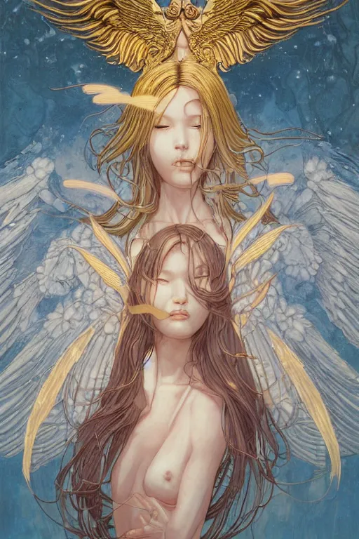 Prompt: prompt : angel women with golden wings soft light painted by james jean and katsuhiro otomo and erik jones, inspired by akira anime, smooth face feature, intricate oil painting, high detail illustration, sharp high detail, manga and anime 1 9 9 9