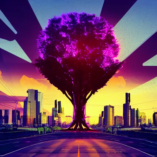 Image similar to synthwave, giant futuristic tree in the middle of the city, sunset, sharp, 4k, 2D