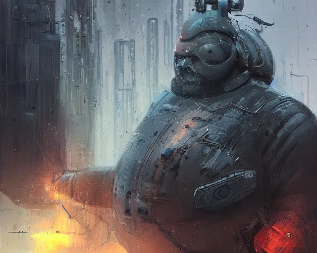 Image similar to portrait of a fat man sci fi soldier ranger, brutalist city architecture, dark epic, cables and wires, high details, ceremonial clouds, dripping paint, fibonacci rhythm, artstation, art germ, wlop, karol bak, christopher balaskas, sabbas apterus, award - winning, artstation