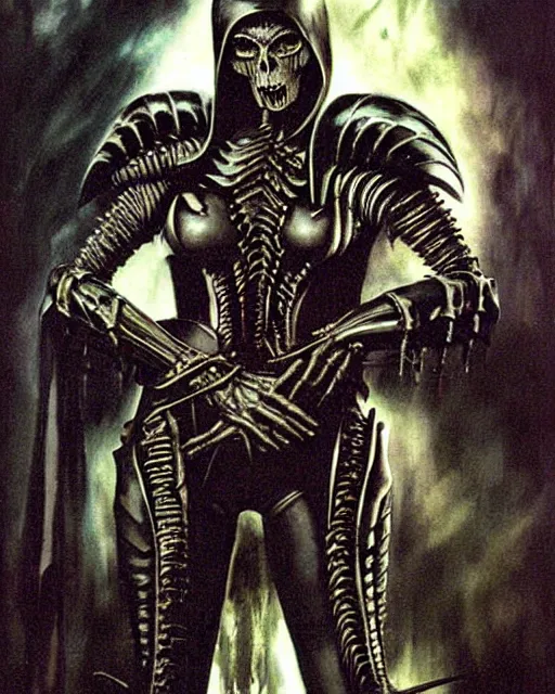 Image similar to portrait of a skinny goth punk giger wearing armor by simon bisley, john blance, frank frazetta, fantasy, thief warrior