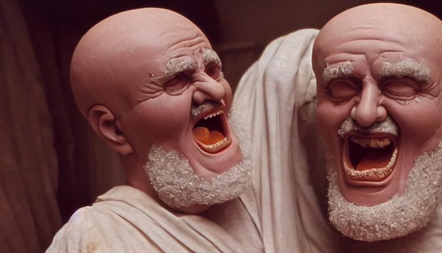 Prompt: 1 9 6 0 s movie still of chrysippus in hysterical laugh bent in a ancient greek bedroom, cinestill 8 0 0 t 3 5 mm, high quality, heavy grain, high detail, texture, dramatic light, anamorphic, hyperrealistic, detailed hair