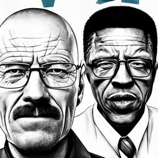Prompt: walter white next to gustavo fring, in the style of greg rutowski, hyper detailed