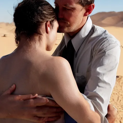 Prompt: a male, tan-skinned detective hugs from behind a tall, female, pale-skinned detective in the desert