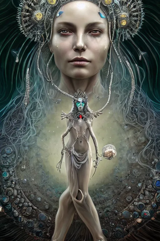 Image similar to a centered render of a wild post apocalyptic goddess with wearing ornate silver and gemstones and crystal clothing surrounded by flowing liquid gallium jellyfish and sacred geometry, perfect body and face, gorgeous, cinematic, beautifully lit, by tomasz alen kopera and peter mohrbacher and craig mullins, 3 d, trending on artstation, octane render, 8 k