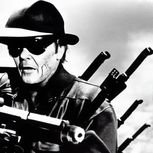 Image similar to Jack Nicholson plays Terminator, shooting from a gun, film still