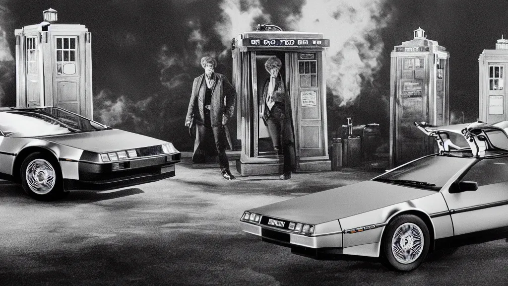 Prompt: a DeLorean in front of the TARDIS daguerreotype