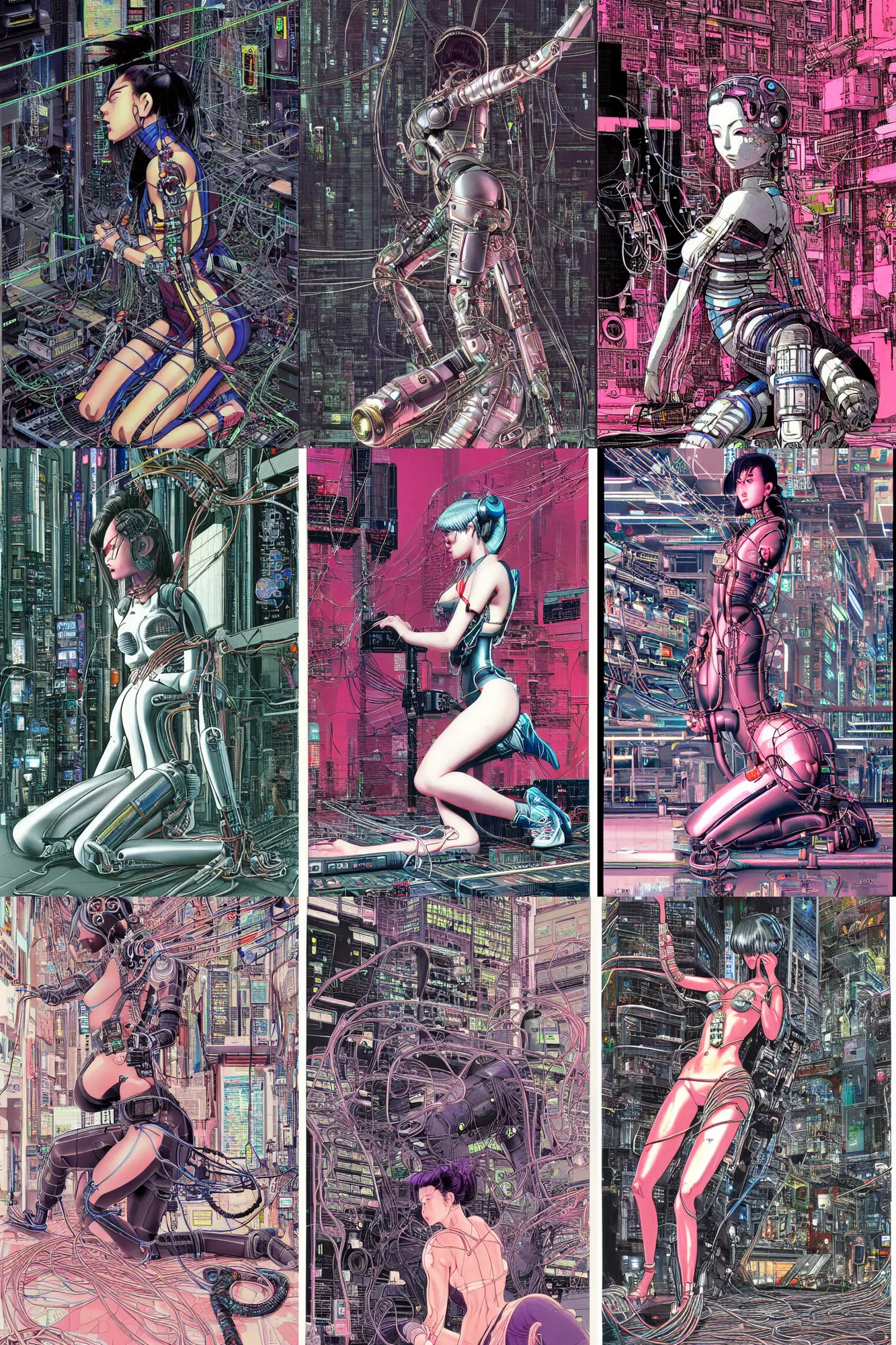 Prompt: an hyper-detailed cyberpunk illustration of a female android kneeling on the floor in a tech labor, seen from the side with her body open showing cables and wires coming out, by masamune shirow, Yukito Kishiro and katsuhiro otomo, japan, 1980s, centered, colorful