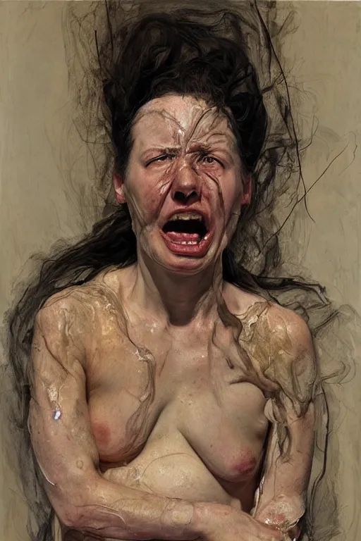 Image similar to portrait of a woman enraged, part by Jenny Saville, part by Lucian Freud