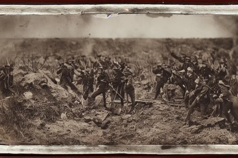 Image similar to american civil war trench battle, shots fired, explosions all around, wide shot, cinematic, tintype photograph