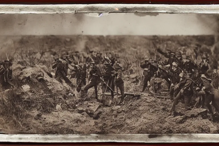 Prompt: american civil war trench battle, shots fired, explosions all around, wide shot, cinematic, tintype photograph