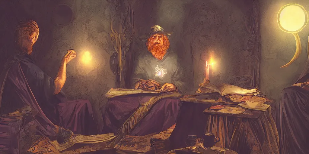 Image similar to wizard performing a tarot reading, cards, fantasy, digital art, soft lighting, concept art, 8 k