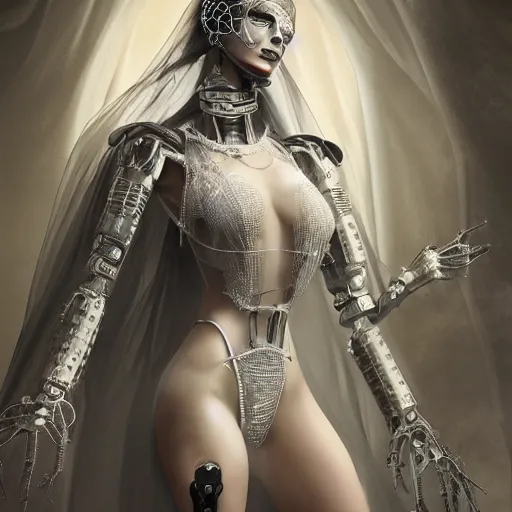 Prompt: female gothic robots with transparent head with mechanical brain, sensual pose, dressed in white intricate lace, veils and jewels, epic environment, matte painting, diffused lighting, highly detailed, cinematic, epic atmosphere, digital art, trending on artstation, wide angle