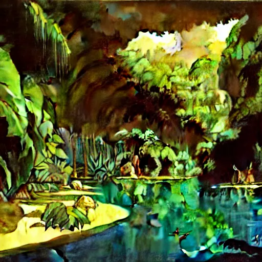 Image similar to a tropical cave that renovate as a luxury interior by syd mead, frank frazetta, ken kelly, simon bisley, richard corben, william - adolphe bouguereau w 1 0 2 4