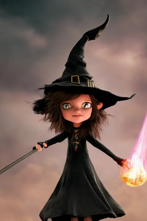 Image similar to a tiny witch, flying on her tiny broom, magical dust, black cat, dramatic lighting, cinematic, establishing shot, extremely high detail, foto realistic, cinematic lighting, post processed, concept art, high details, cinematic, 8k resolution, beautiful detailed, photorealistic, digital painting, artstation, concept art, smooth, sharp focus, artstation trending, octane render, unreal engine