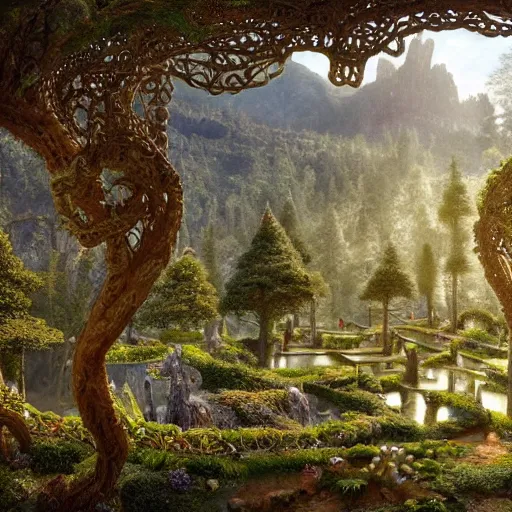 Image similar to a beautiful and highly detailed matte painting of an elven garden palace in a breath taking forest in a deep valley in the beautiful mountains of avalon, celtic knots, detailed woody trees, intricate details, epic scale, insanely complex, 8 k, sharp focus, hyperrealism, very realistic, by caspar friedrich, albert bierstadt, james gurney, brian froud,