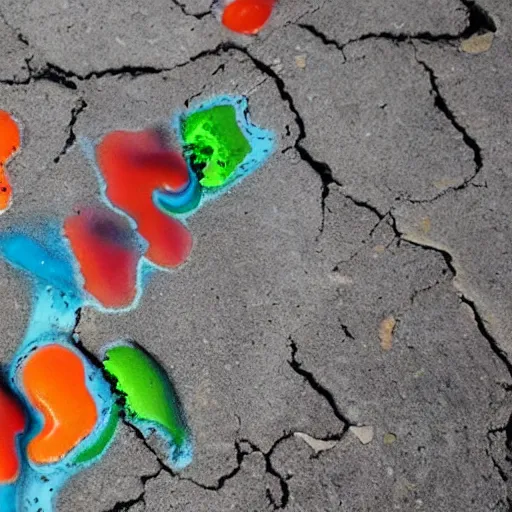 Image similar to colorful slime dripping from cracks in cement