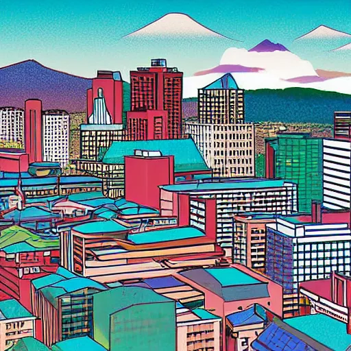 Image similar to asheville skyline, digital art, utamaro kitagawa style